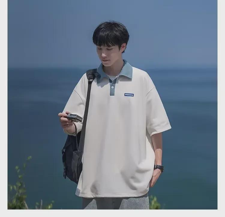 Мужская рубашка-поло в японском стиле в стиле ретро, контрастного цвета, плотная, свободного кроя, короткие рукава