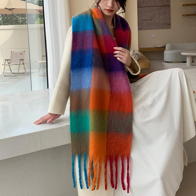 Winter New Scarf Women's Winter Thickened Warm Scarf Colored Plaid Fringed Scarf Shawl Fashionable Outer Cover
