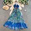Summer Women Sexy Halter Open Back Print Long Maxi Holiday Beach Dresses