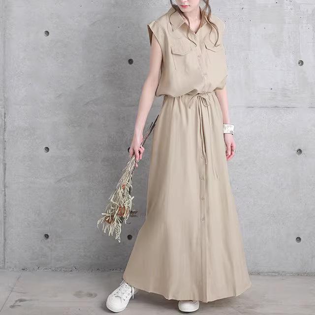 Женское весенне-осеннее платье-макси рубашечного кроя с отложным воротником - Длинный рукав, Однотонное, Повседневное
