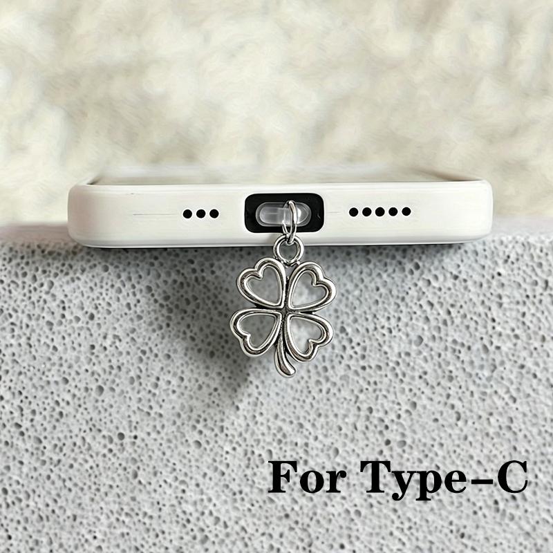 Cute Silver Clover Phone Dust Plug Accessories Decoration Hanging Pendant for iPhone for Samsung Type-C Charging Port2