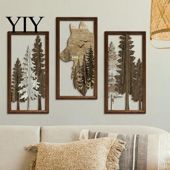 Vintage Style Wood Sculpture 3Pcs Wooden Forest Wolf Wall Decorations, Decorative Hanging Ornaments, Rustic Hollow Carved Pine Unique Housewarming