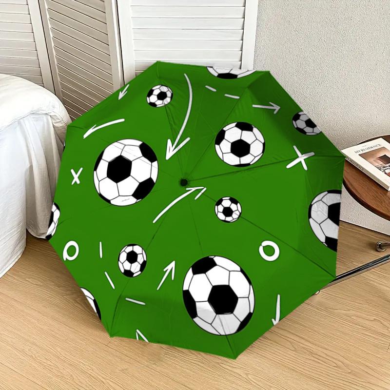 Soccer Ball Pattern Automatic Opening/Closing Umbrella - Portable Tri-Fold Design with 8-Bone Iron Frame - Outdoor Rain Gear for Fans, Trave