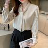 2022  Office Lady Elegant Shirt Green Satin Blouse Women Long Sleeve Fashion Bow Tie Ribbon Tops Clothes Blusa Mujer 16707