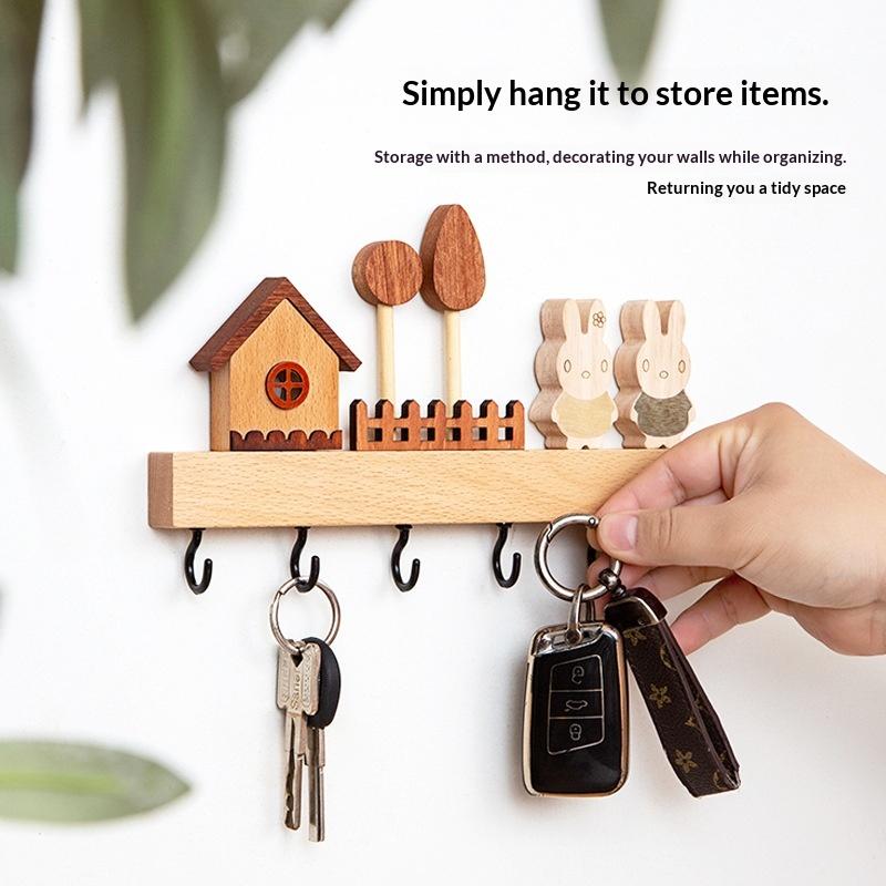 Modern Solid Wood Key Hook Rack Punch Free Wall Mount Holds Keys Coats Bags for Entryway Living Room Decor