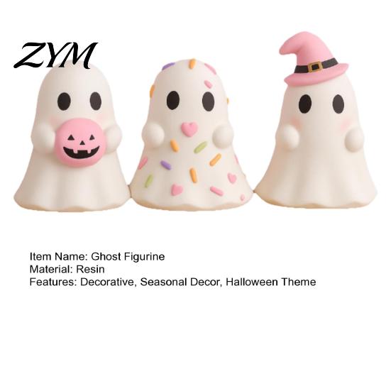 Pumpkin Ghost Ornament Cute Halloween Resin Figurine, Candy Witch Hat Home Accessory Desk Decor for Girls, Pink White Kawaii Tabletop Figurine