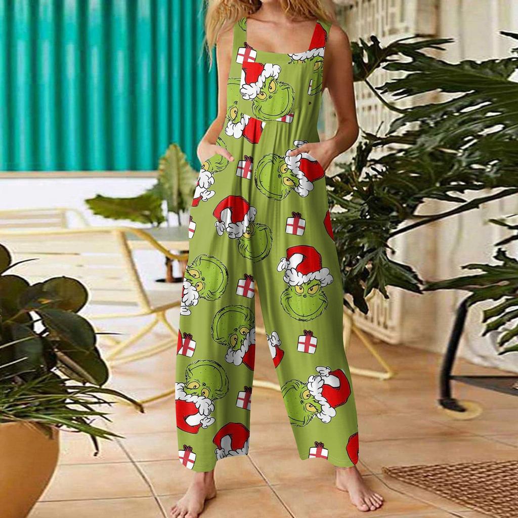 Women's Casual Loose Jumpsuit Christmas Print Wide Leg Jumpsuit Sleeveless With Pockets