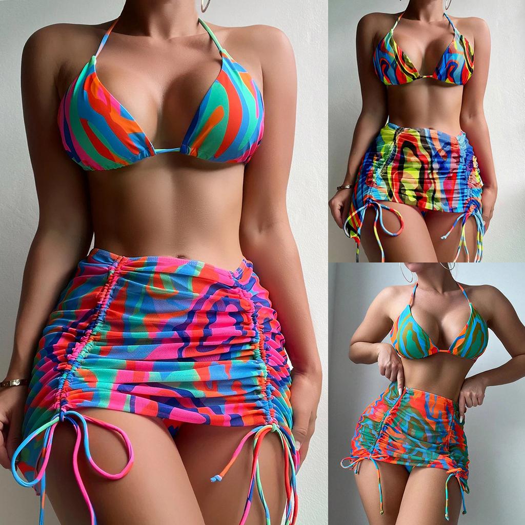 Women's Fashion Bikini Set 3 Pieces Multicolor Swimwear Set Padded Halter Backless Top High Cut Brief Lace Up Cover-up Swimsuit Sexy Bathing Suit