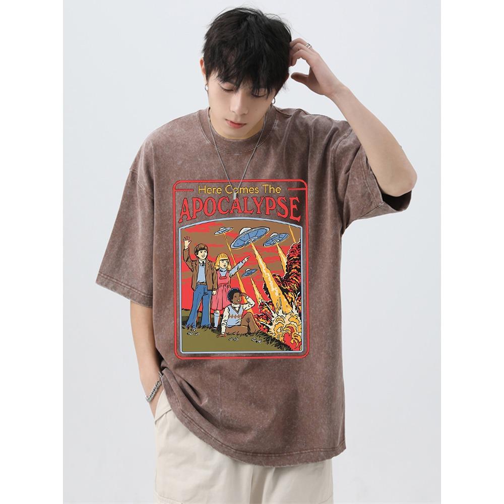 Here Comes The Apocalypse Ufo Washed Retro T-Shirt Мужская мода Хлопковая одежда Футболки Большие уличные повседневные топы