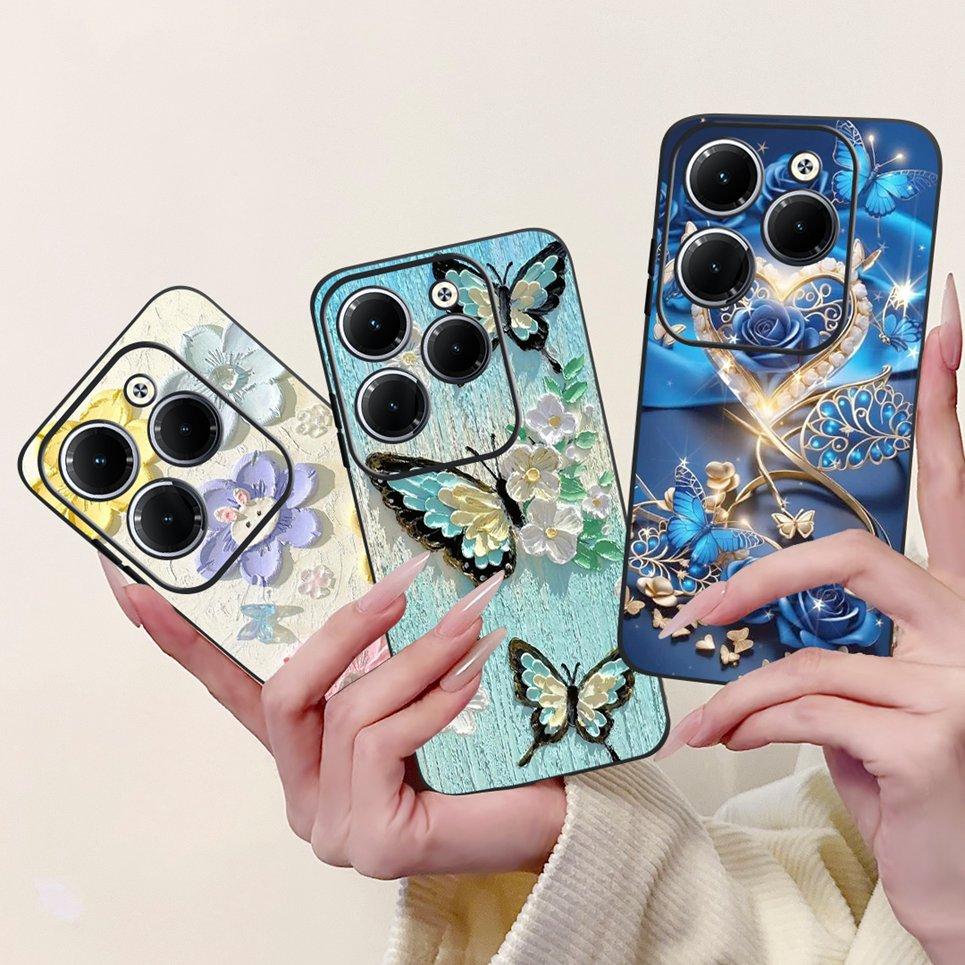 Чехол для Tecno Spark 20 Pro Plus Задний бампер Spark 20Pro 20C Цветная бабочка Цветок Рисунок Чехол для телефона Черный Мягкий силикон