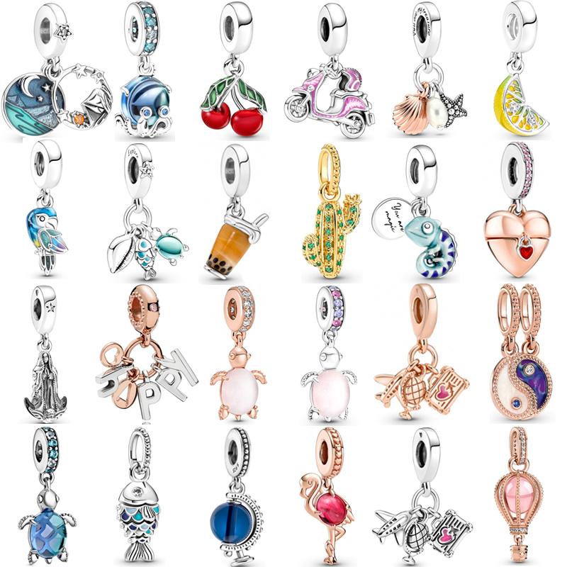 Подвеска из стерлингового серебра 925 пробы, попугай, хамелеон, ломтик лимона, розовая морская черепаха, подвеска для скутера, бусина, подходит для популярного браслета, ювелирные изделия своими руками