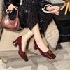Square Head Red High Heels Thick Heel Not Tired Feet Middle Heel Wedding Shoes 2025 Spring and Autumn New French Patent Leather Light Mouth Single Sh