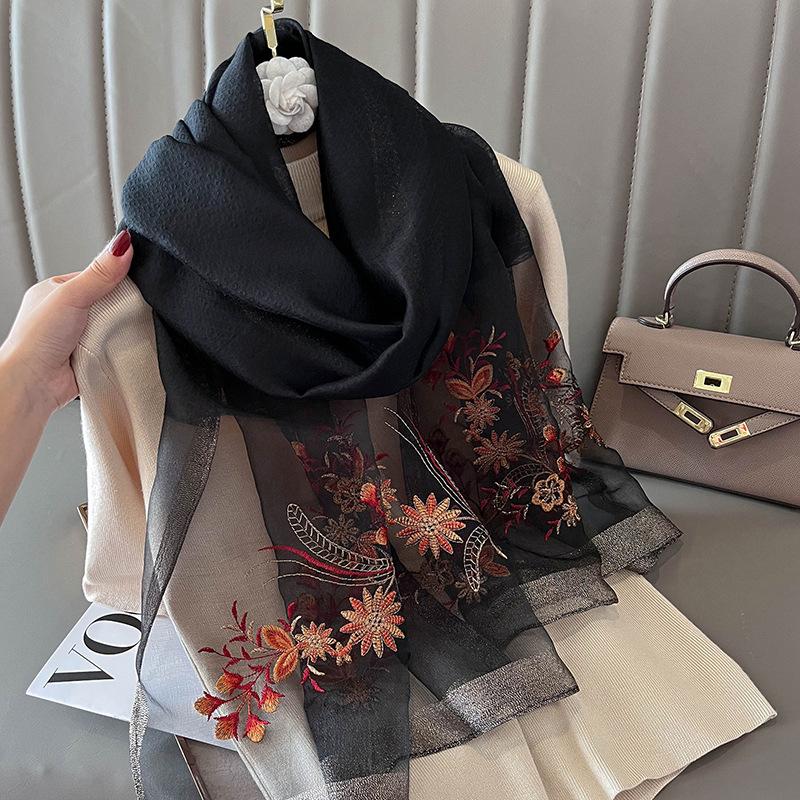 Роскошный бренд шелк шерсть женский шарф вышивка шаль и накидки фуляр женский хиджаб бандана шарфы для леди цветы пляжные палантины