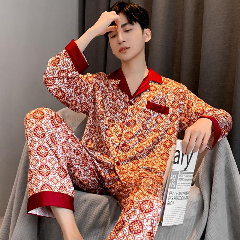 Мужской пижамный костюм весна-осень ледяной шелковый кардиган с длинными рукавами атласная пижама для мужчин домашняя одежда лето