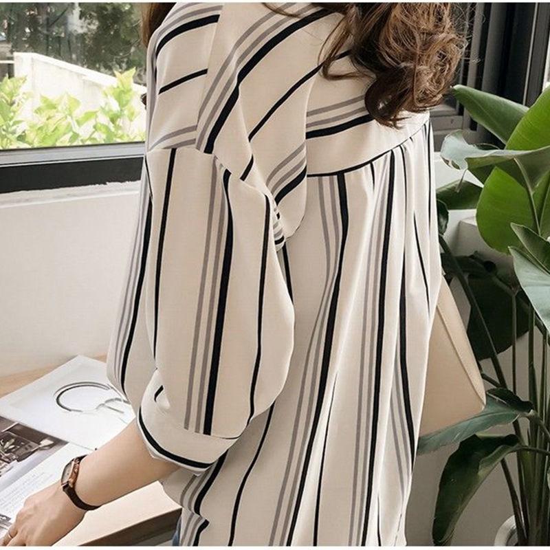 Летняя женская одежда, шифоновые рубашки в полоску с коротким рукавом и круглым вырезом, однобортные женские блузки в консервативном стиле, новые большие размеры