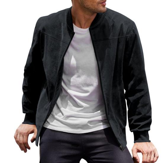 Men Suede Jacket Stand Collar Long Sleeve Zipper Placket Coat with Side Pockets Solid Color Loose Fit Ribbed Cuffs Hem Outwear