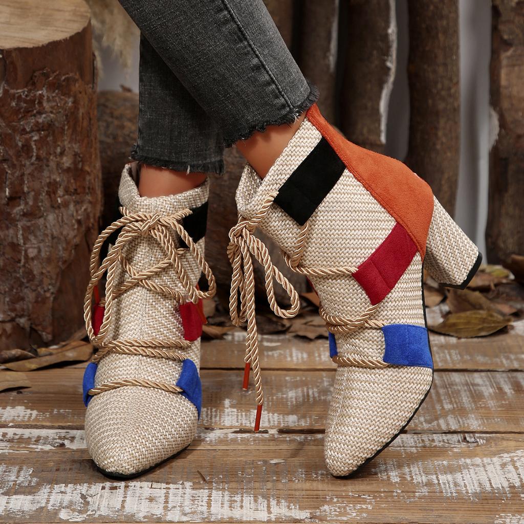 Fashion Women High Heels Boots 2025 New Fashion Trend Chunky Heels Shoes Women Designer Weave Ankle Sexy Open Toe Ankle Boots Female