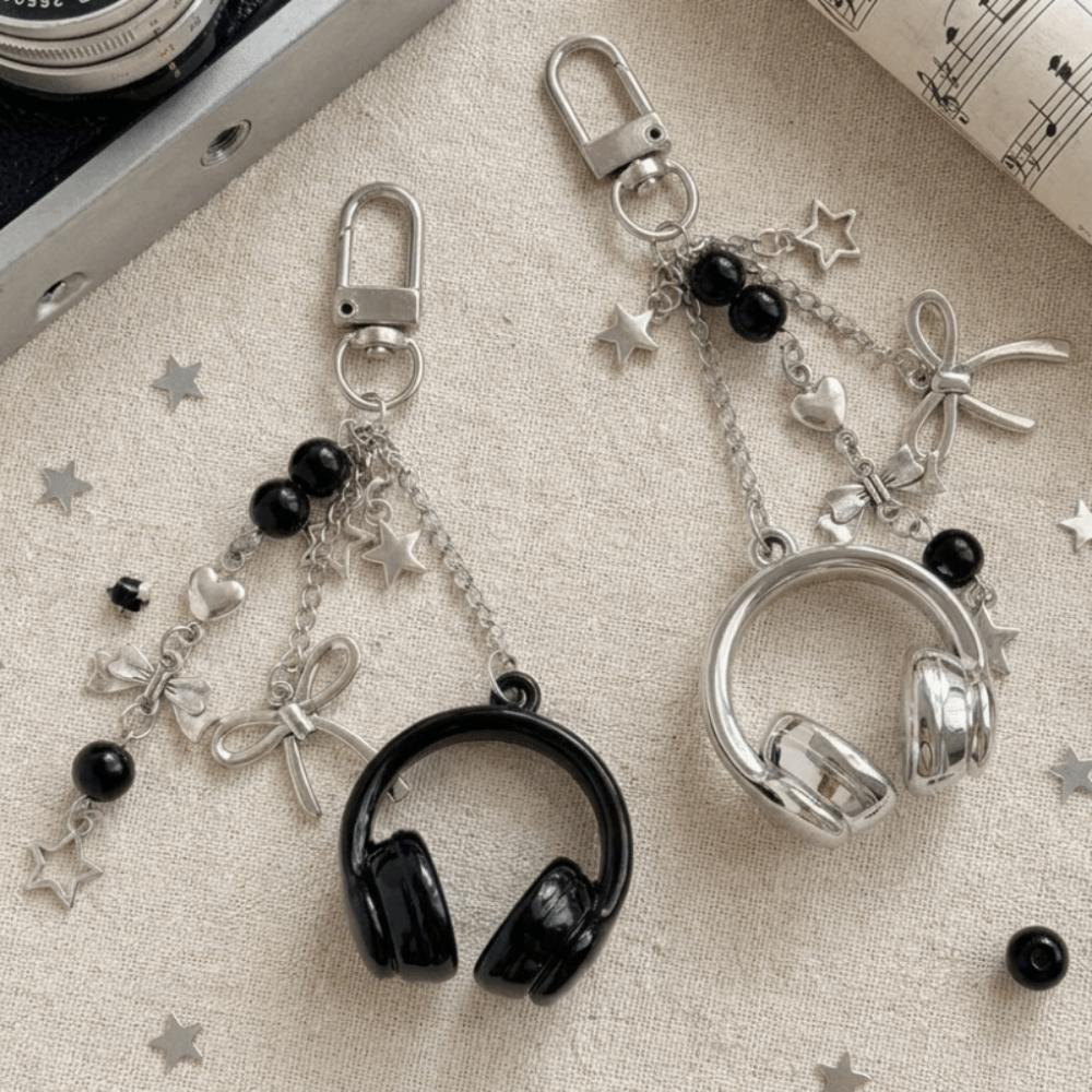 Black Silver Bow Star Bag Charms Beaded Pendants Creative Phone Lanyards Girl