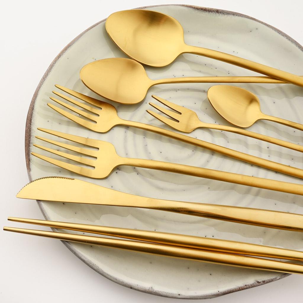 Золотой набор столовых приборов, матовый набор столовой посуды из нержавеющей стали 304, нож, вилка для торта, ложка, палочки для еды, серебро, кухонные столовые приборы, посуда