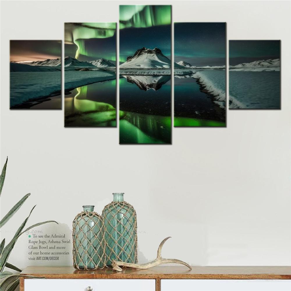 5 Pieces Canvas Wall Arts Poster Painting Nature Aurora Borealis Winter Wallpaper Home Decor Picture Printing Mural Artwork
