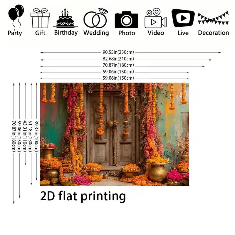 2D Vibrant Floral Door Photography Background, Vintage Indian Door with Marigold Garlands for Festival