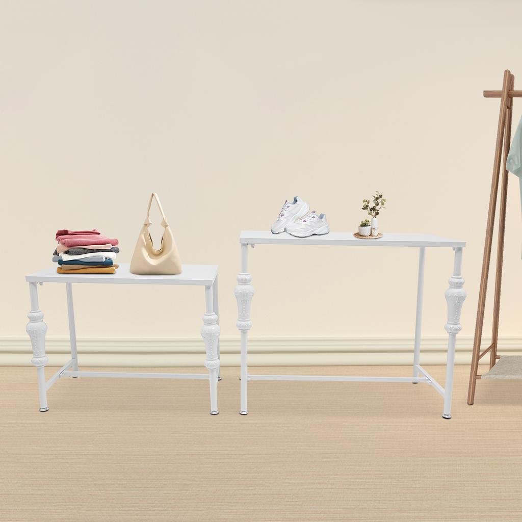 2-Pack White Display Racks - Industrial Retail Shelving Units, Modern Clothing Shoe Display Stands, Carbon Steel Storage Tables