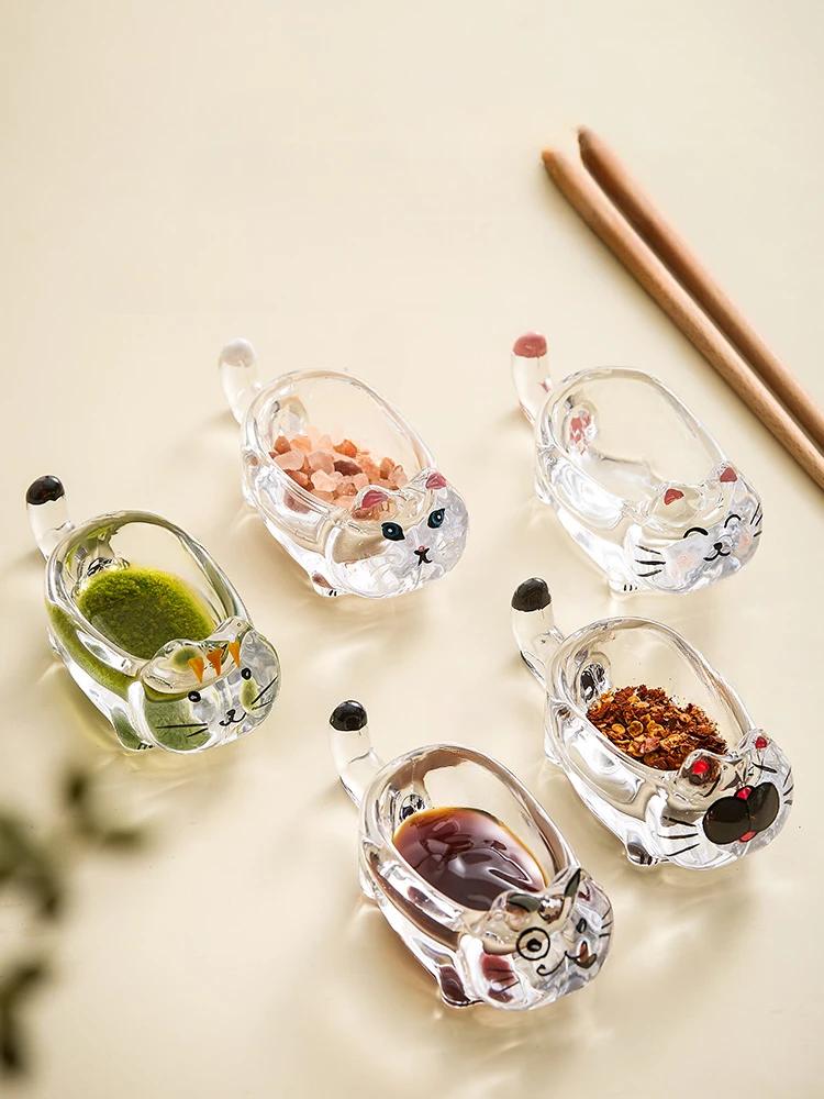 Креативная тарелка для соуса «Китти», хрустальное стекло, томатный салат, соевый соус, уксус, сухая тарелка, мультяшный домашний перекус, маленькая тарелка, держатель для палочек для еды