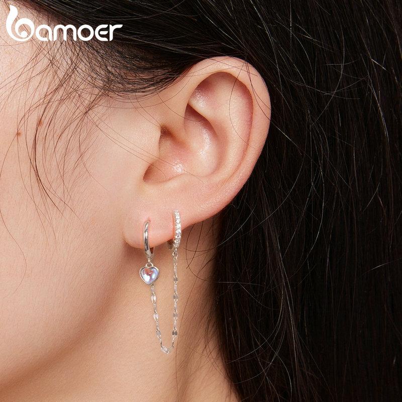 BAMOER 925 Sterling Silver One Piece Heart Moonstone Double Circles Ear Buckle Long Tassel Hoop Earrings for Women Birthday Gift