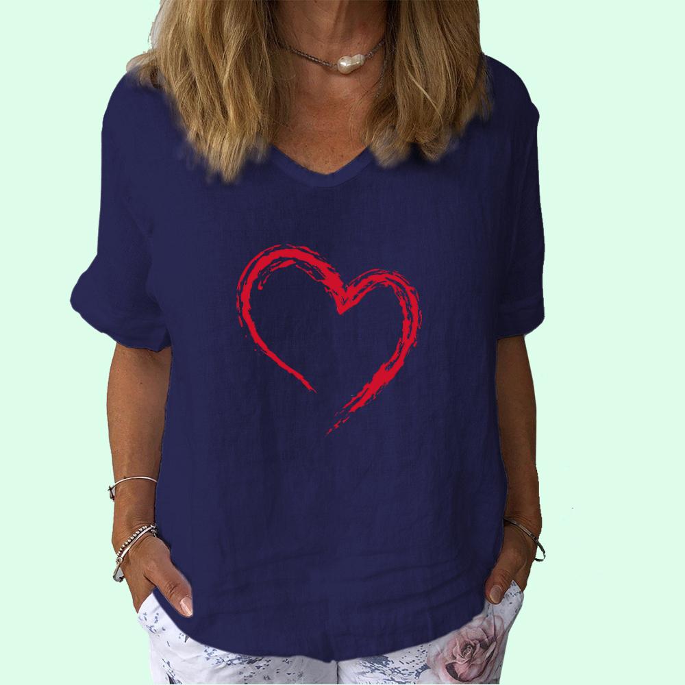 Женская модная хлопковая льняная футболка, повседневная футболка с V-образным вырезом и коротким рукавом, женская футболка с принтом