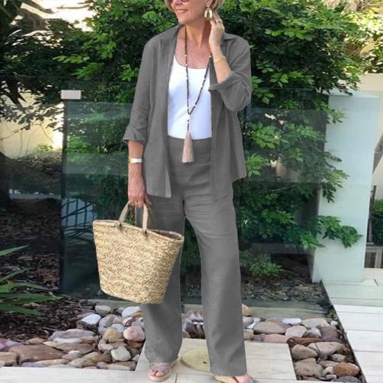 2Pcs/Set Women Casual Outfit Lapel Long Sleeve Buttons Closure Shirt High Waist Straight Wide Leg Long Pants Set Daily Wear