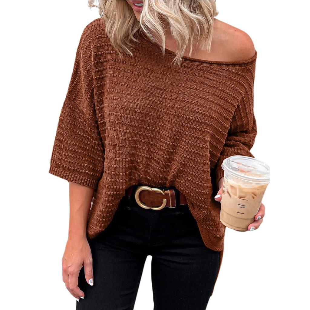 Women's Fashionable Sweater Solid Color Round Neck Off Shoulder Loose Knit Sweater
