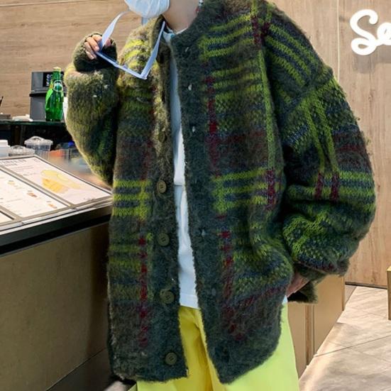 Осень-зима вязаный свитер кардиган однобортный круглый вырез ретро американский стиль толстый эластичный длинный рукав свободный теплый трикотаж повседневная одежда