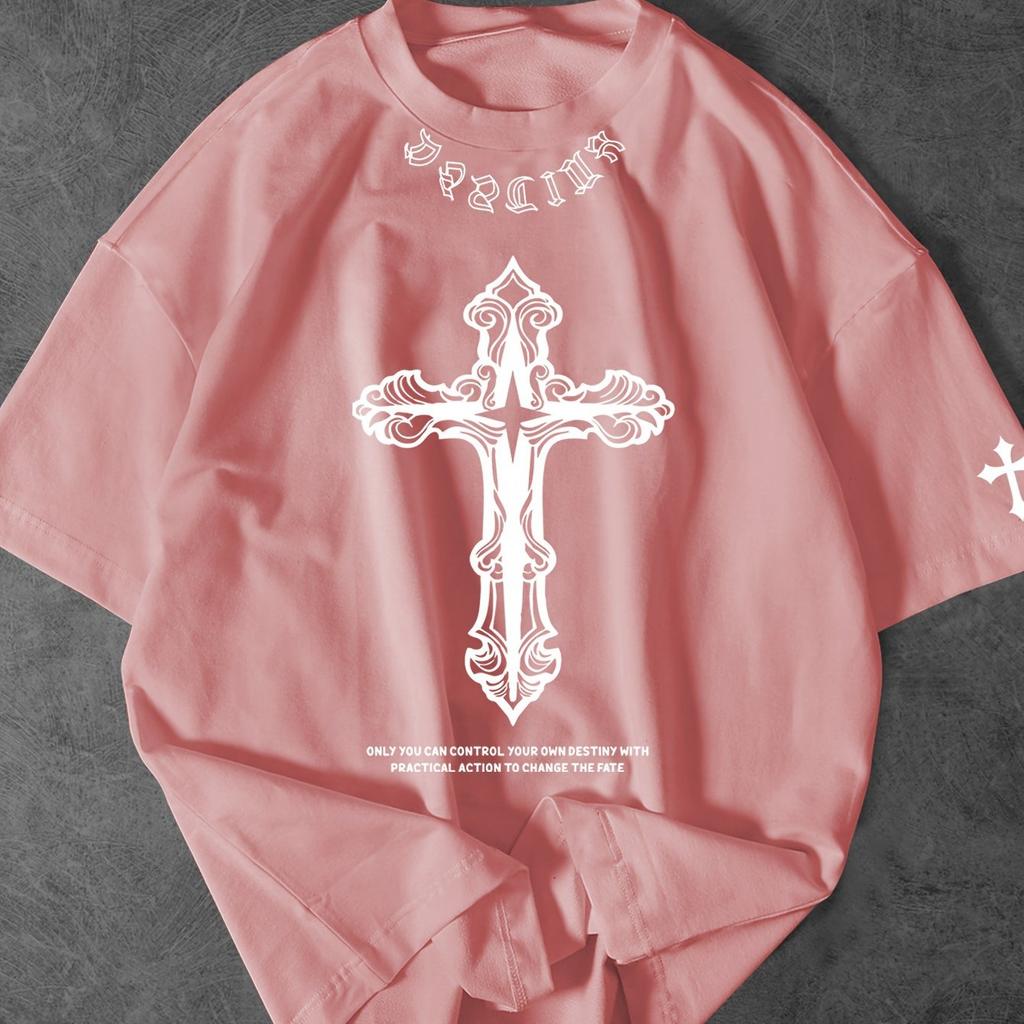 Летняя новая мужская футболка с круглым вырезом, с принтом креста и букв, повседневная, с коротким рукавом, мужская и женская, в стиле ретро-моды