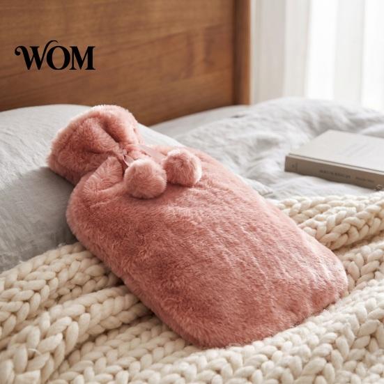 Reusable Hot Water Bag 2L Bottle with Plush Cover, Pompom Drawstring Bag, Winter Warm for Hands, Feet, Stomach Lightweight