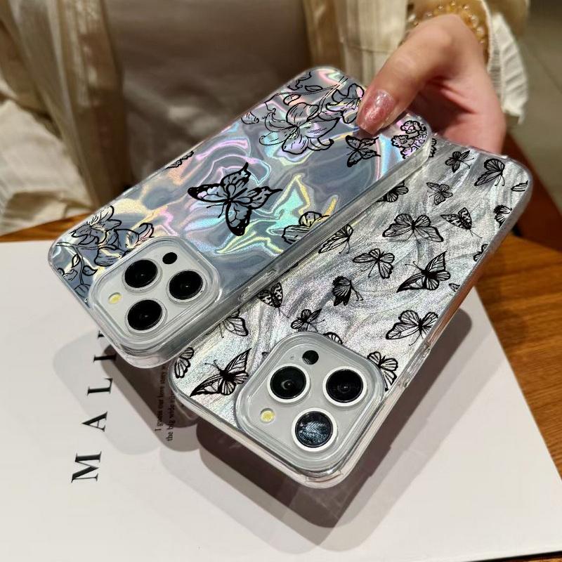 Прозрачный мягкий противоударный чехол с принтом бабочек для iPhone 16 Pro Max 15 14 Pro 13 12 11, блестящая жесткая задняя крышка из поликарбоната с перьями