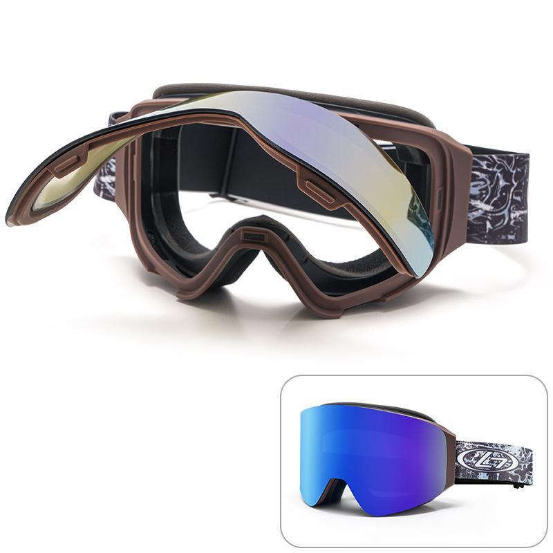 European and American magnetic flip-top ski goggles, double-layer anti-fog outdoor cylindrical large-view ski protective eyewear equipment