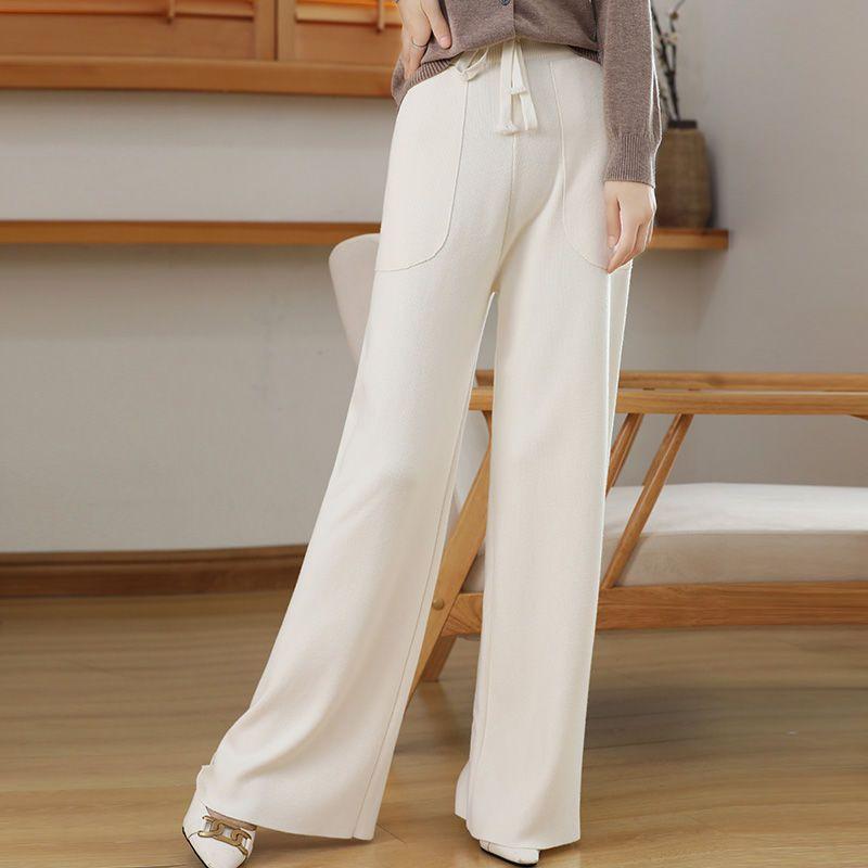 Повседневные вязаные широкие брюки для женщин на осень и зиму, свободные прямые брюки с высокой талией, длинные брюки