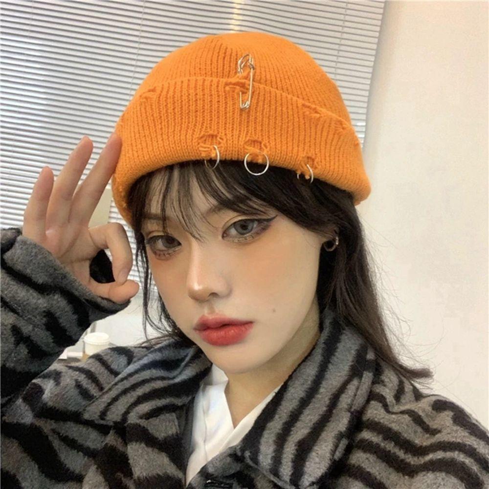 Casual Distressed Hole Female O-Ring Winter With Pins Knitted Hat Beanie Hat Warm Cap Solid Color