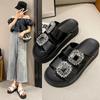 Rhinestone Women Summer Shoes Ladies Middle Heels Platform Sandals Slides Double Buckle Band Slippers Woman Crystal Flip Flops