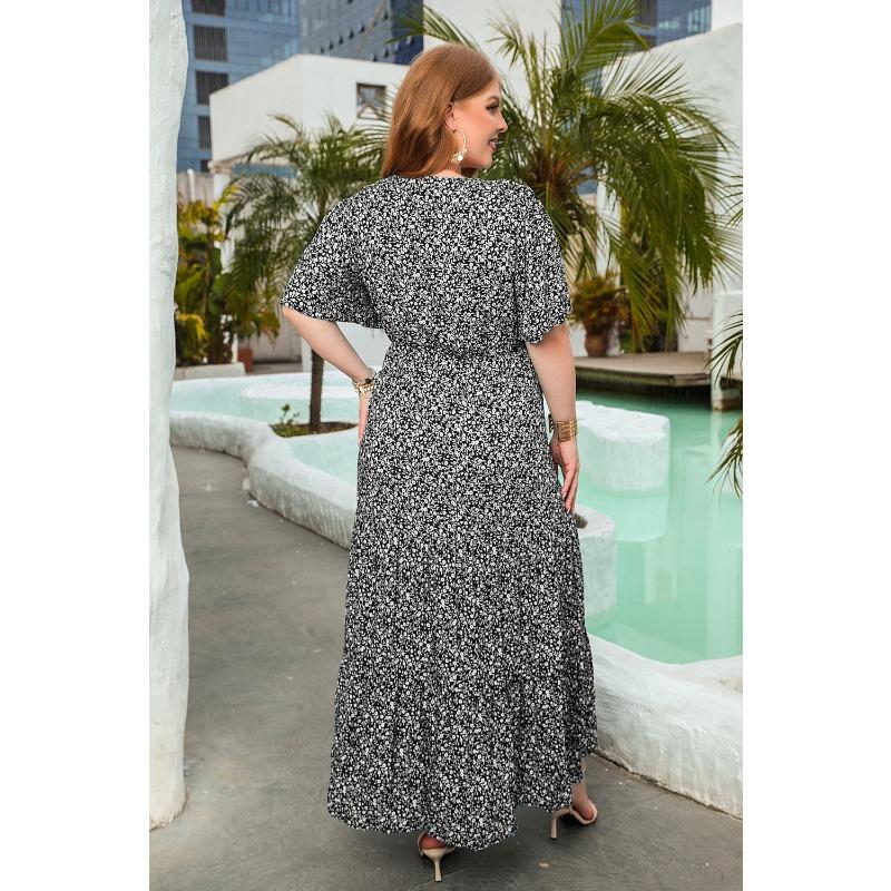 Новое повседневное платье для отпуска с цветочным принтом, круглым вырезом, коротким рукавом, миди-платьями