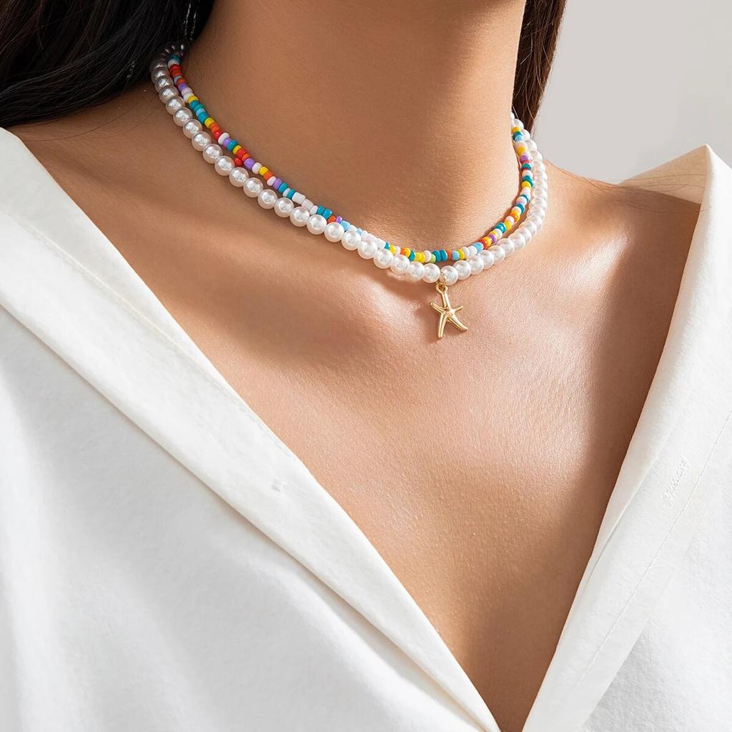 Ingemark Boho красочные бусины с имитацией жемчуга, цепочка, ожерелье, женское винтажное колье с подвеской в ​​виде морской звезды, Y2K, ювелирные аксессуары