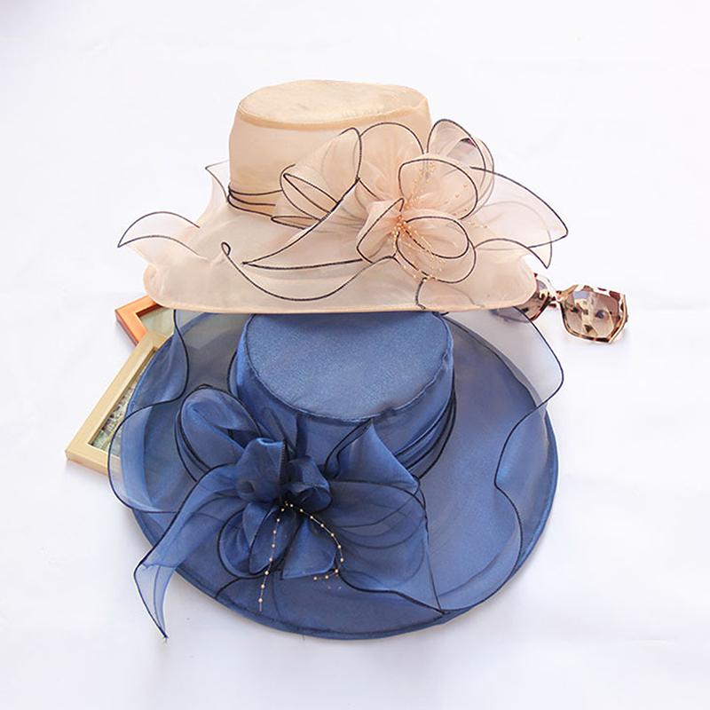 Vintage Organza Wide Brim Hat For Women Church Dress Bridal Wedding Hat Floral Mesh Sun Hat Party Beach Caps