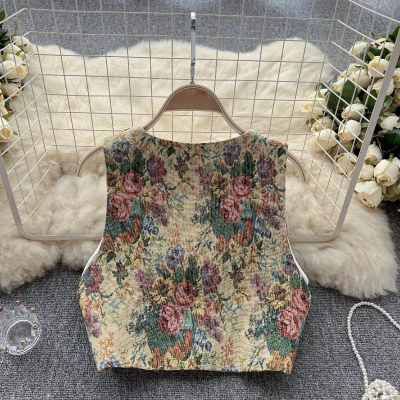 Винтажная шикарная майка с цветочным принтом, женская майка с вышивкой и v-образным вырезом во французском стиле, женская летняя рубашка в стиле ретро, ​​универсальный модный дизайн, вечерние жилет