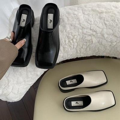 Французский английский квадратный носок, толстый каблук, средний каблук, без каблука, маленькие кожаные туфли, одна нога, одинарный толстый каблук, мюли, носок, полушлепки