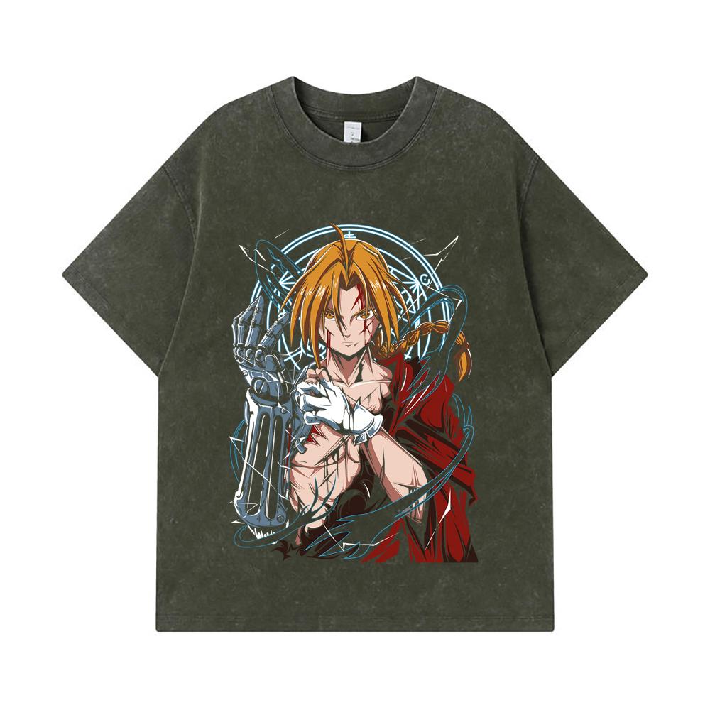 275 GSM Washed T-shirts 100% Cotton Fullmetal Alchemist V6 Edward Print Unisex Heavy Cotton T Shirt