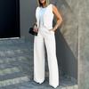 Women Wide Leg Pants with Sleeveless Vest Solid Color High Waist Elegant Lady Baggy Pants Set Casual Streetwear