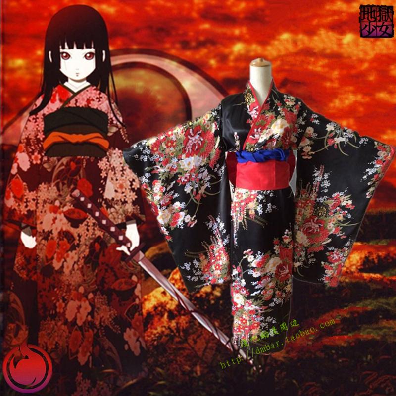 Новейшее аниме Jigoku Shoujo Mioyosuka Косплей Кимоно Черное Цветочное Японское Кимоно Платья Для Женщин Плюс