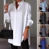 Women Spring Summer Shirt Lapel Long Sleeve Solid Color Shirt Side Split Mid-length Casual Shirt Workwear