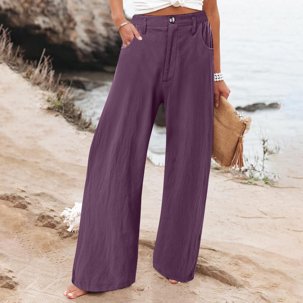 Summer Cotton Linen Wide Leg Pants Women Loose Palazzo Pant Pocket Elastic Waist Button Casual Pants