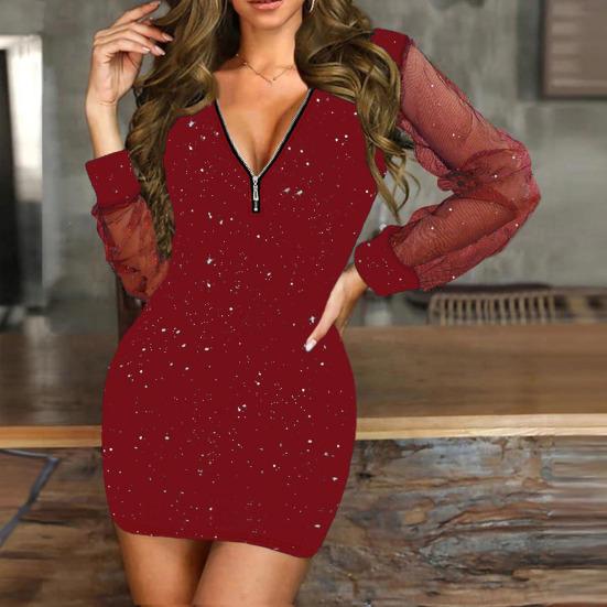 Женское платье на молнии с V-образным вырезом, прозрачная сетка в стиле пэчворк, с длинными рукавами, облегающее мини-платье с высокой талией и блестящими пайетками, женское осенне-весеннее мини-платье